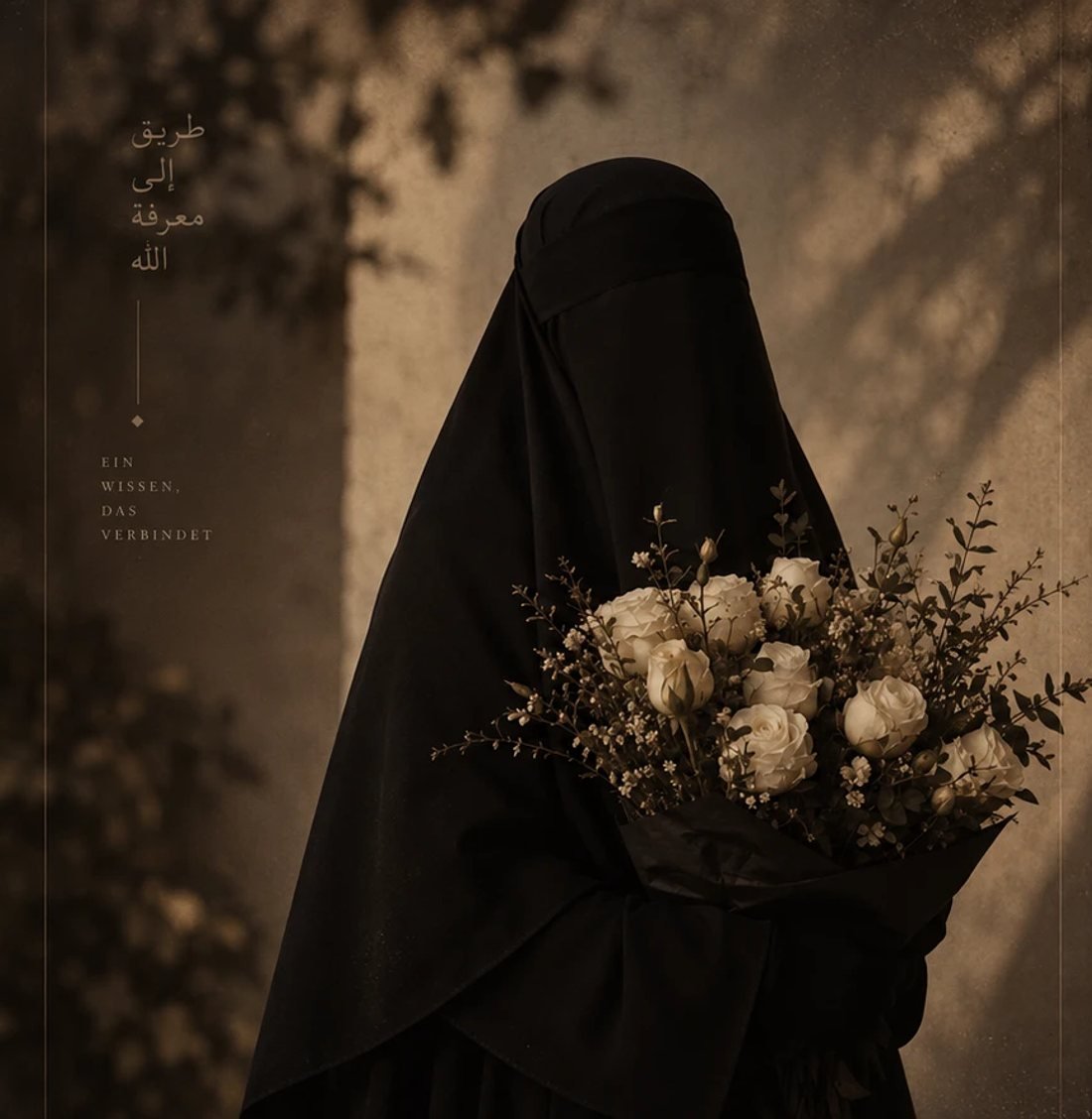 Eine Schwester in schwarzem Gewand hält einen Strauß weißer Rosen.